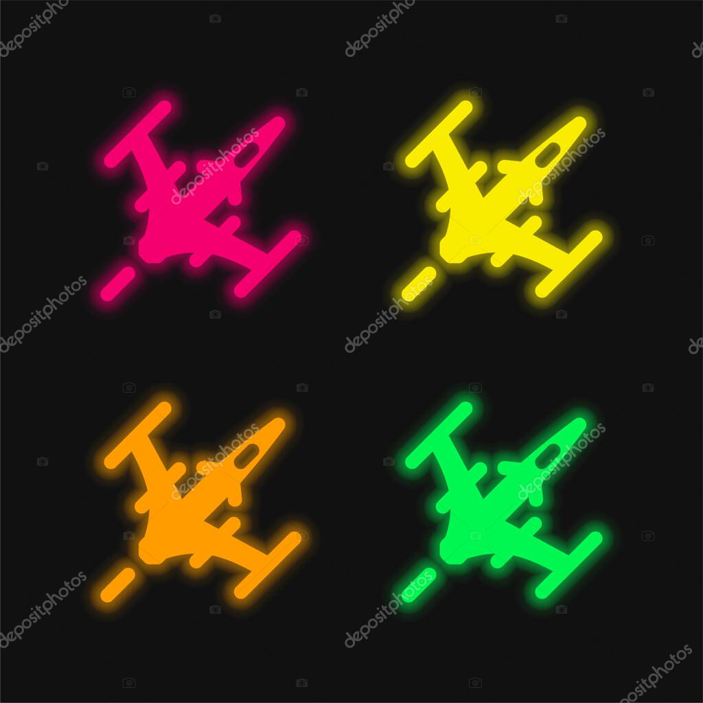 Attack Plane four color glowing neon vector icon