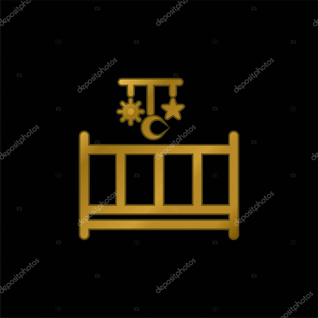 Baby Bed With A Mobile Toy With Hanging Shapes Of Sun Moon And Star gold plated metalic icon or logo vector