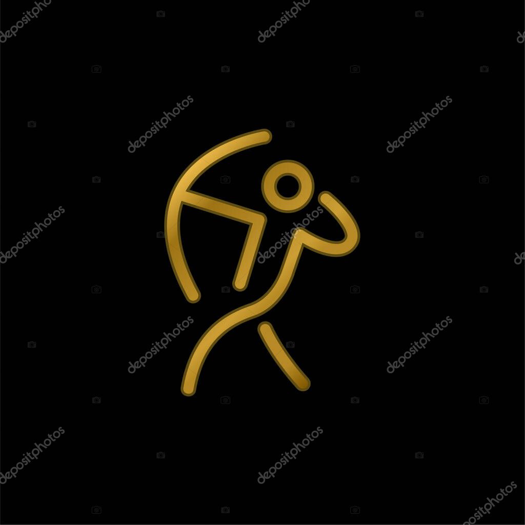 Archer Stick Man With An Arch gold plated metalic icon or logo vector