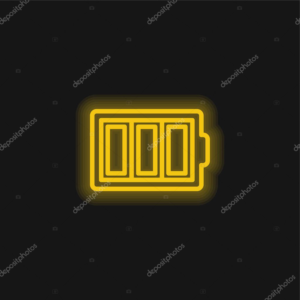 Battery Thin Outline Symbol In A Circle yellow glowing neon icon