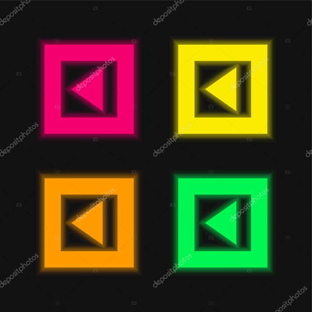 Back Arrow Triangle In Gross Square Button four color glowing neon vector icon