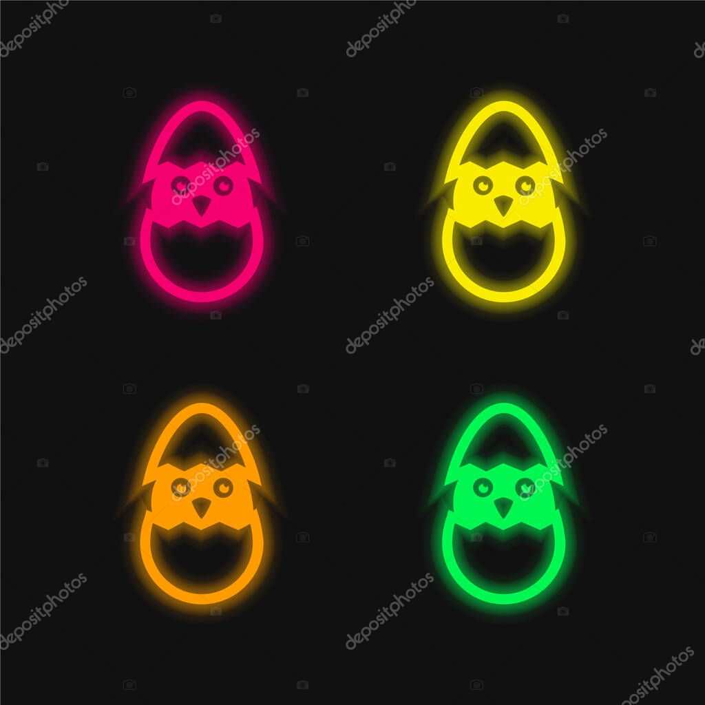 Bird In Broken Egg four color glowing neon vector icon