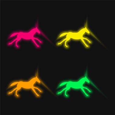 Siyah Koşan At 4 renkli neon vektör simgesi