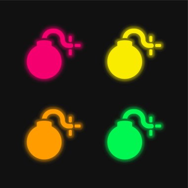 Bomb With Burning Fuse four color glowing neon vector icon clipart