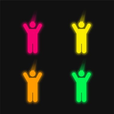 Boy With Rised Arms four color glowing neon vector icon clipart