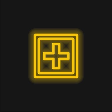 Çift Kare Sarı Parlak Neon simgesinin içine A + Sembolünün Düğme İşareti Ekle