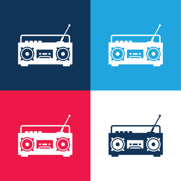 Radio Boom Box Con Antena Azul Rojo Conjunto Iconos Mínimo — Vector de stock