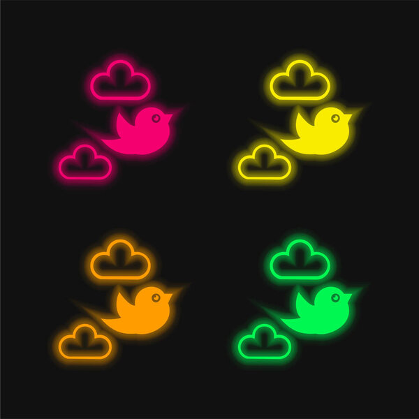 Bird Flying Between Clouds four color glowing neon vector icon