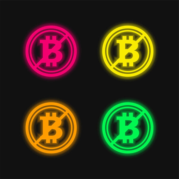 Bitcoin Not Accepted Symbol With A Slash four color glowing neon vector icon