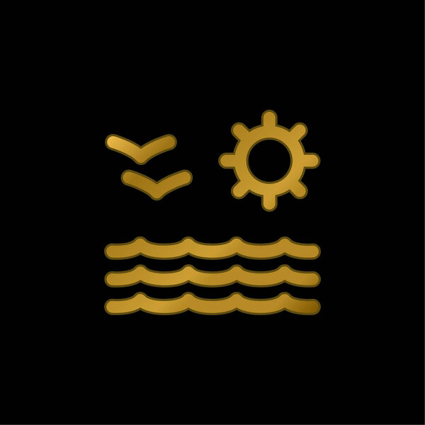 Beach View Of Sea Sun And Seagulls Couple gold plated metalic icon or logo vector