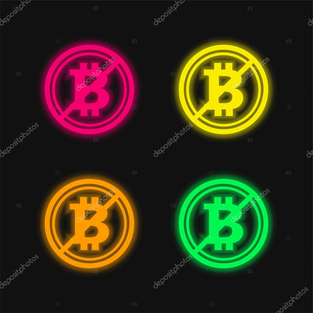 Bitcoin Not Accepted Symbol With A Slash four color glowing neon vector icon