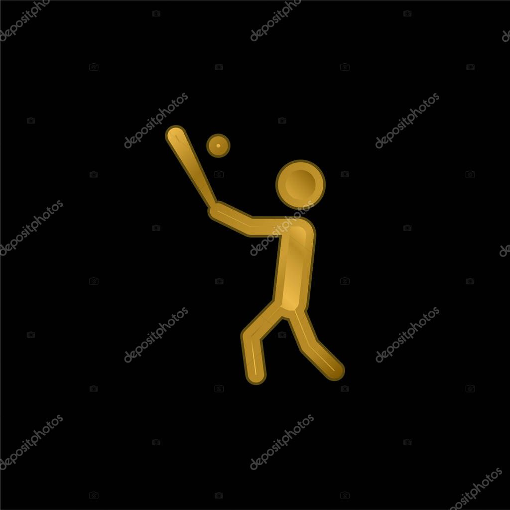 Baseball Player With Bat Hitting The Ball gold plated metalic icon or logo vector