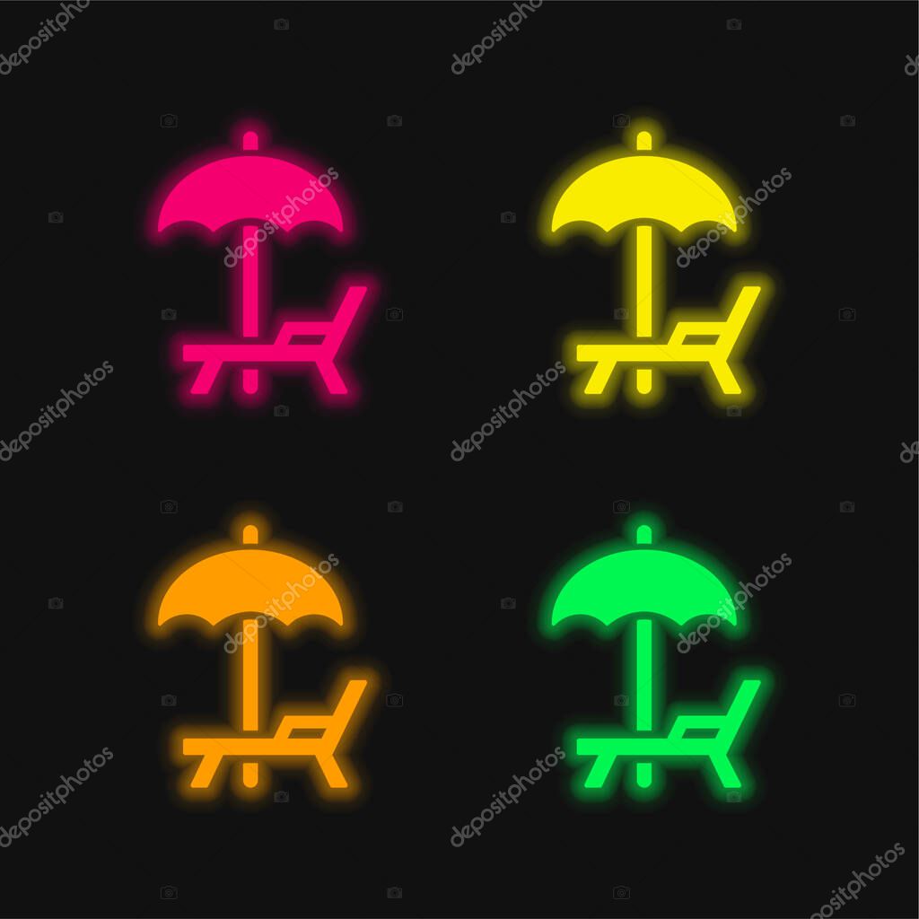 Beach Umbrella And Hammock four color glowing neon vector icon