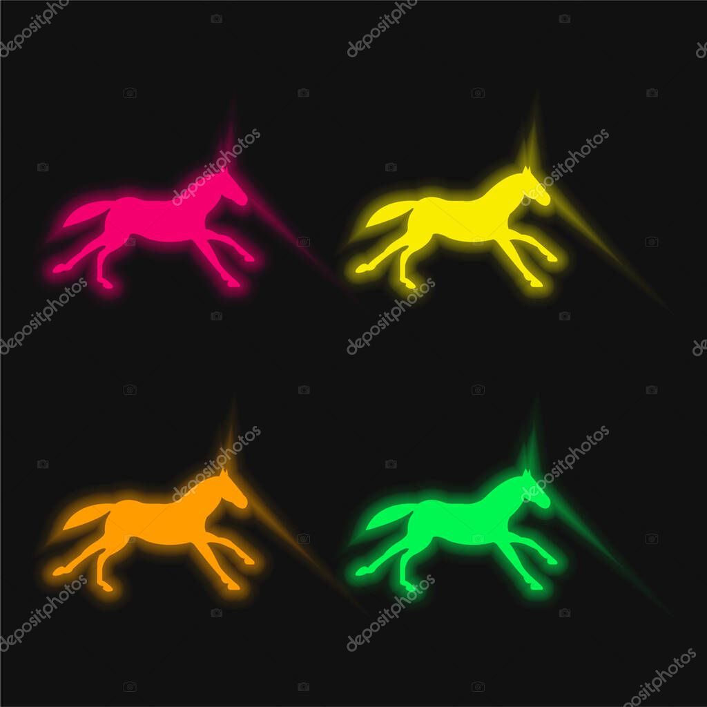 Black Running Horse four color glowing neon vector icon
