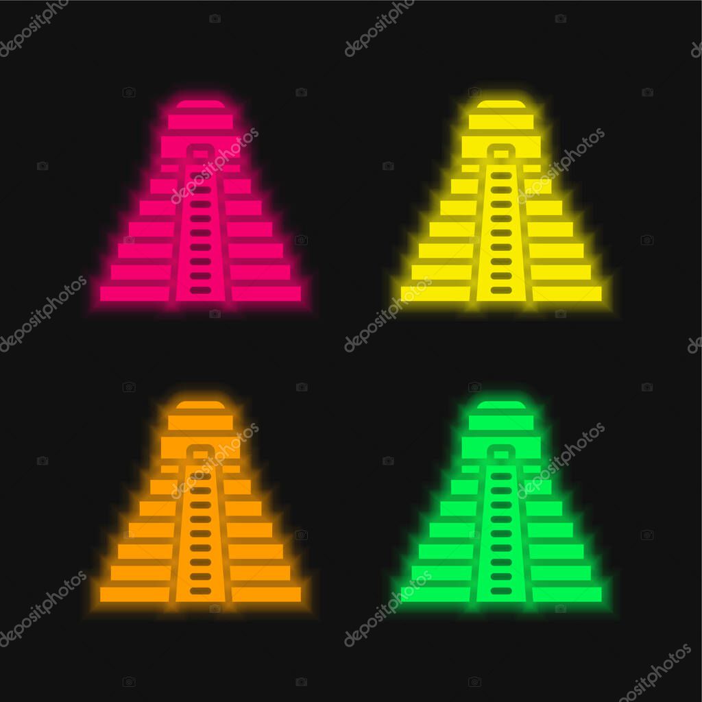 Aztec Pyramid four color glowing neon vector icon