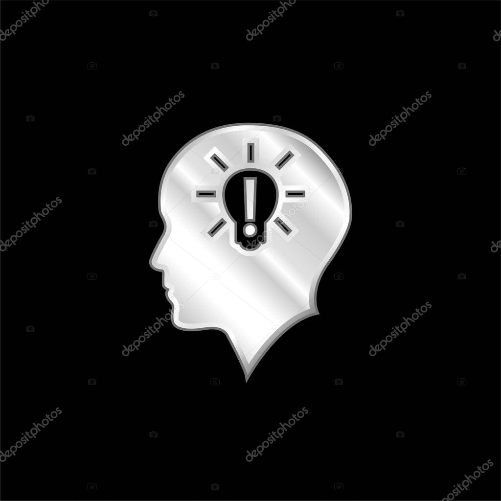 Bald Head With Lightbulb With Exclamation Sign Inside silver plated metallic icon