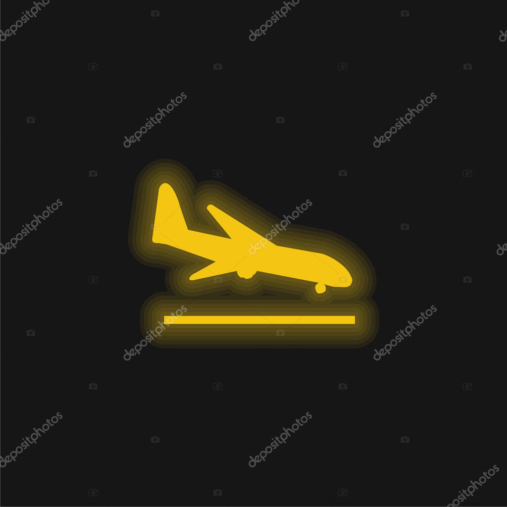 Airplane Landing yellow glowing neon icon