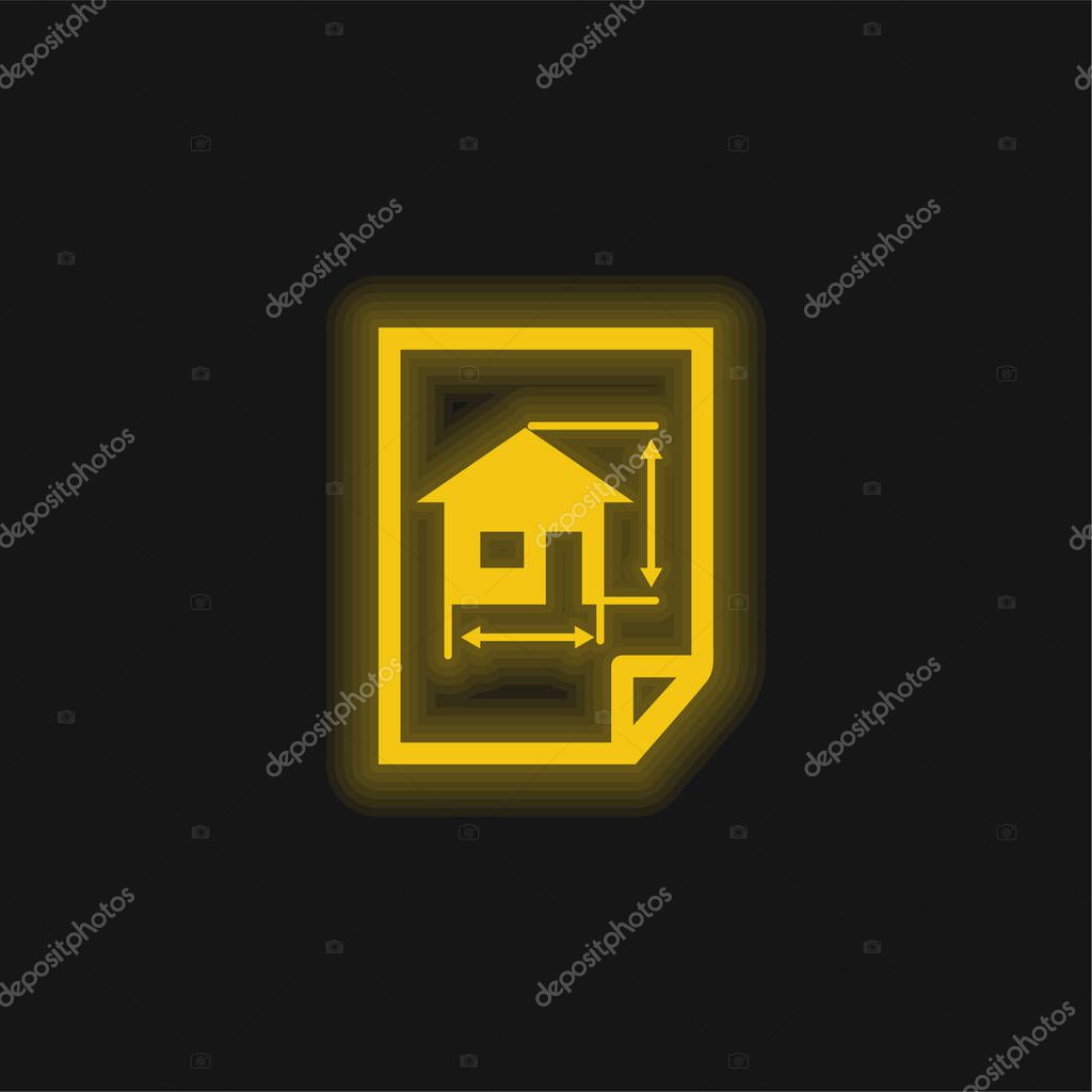 Architecture Draw Of A House On A Paper yellow glowing neon icon