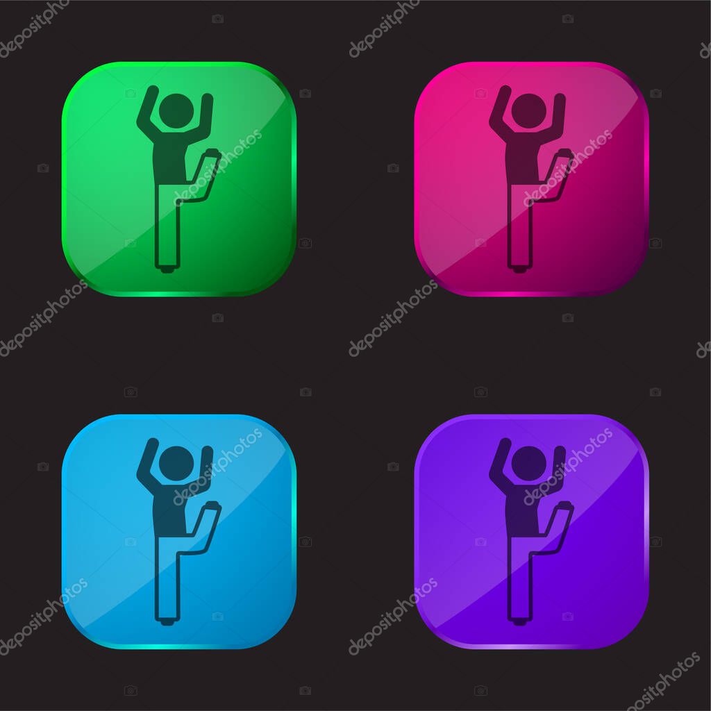 Boy With Bended Leg And Arms Up four color glass button icon