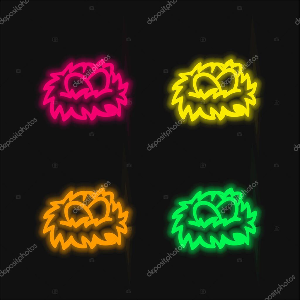 Birds Eggs On A Nest four color glowing neon vector icon