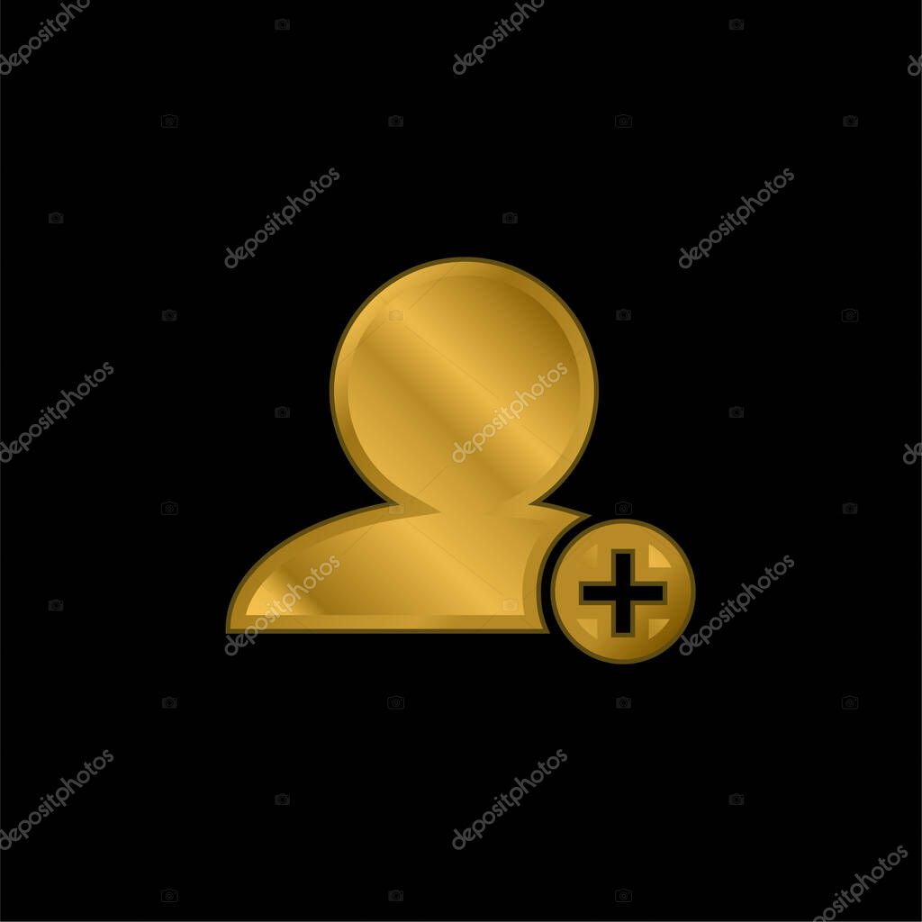 Add People Interface Symbol Of Black Person Close Up With Plus Sign In Small Circle gold plated metalic icon or logo vector