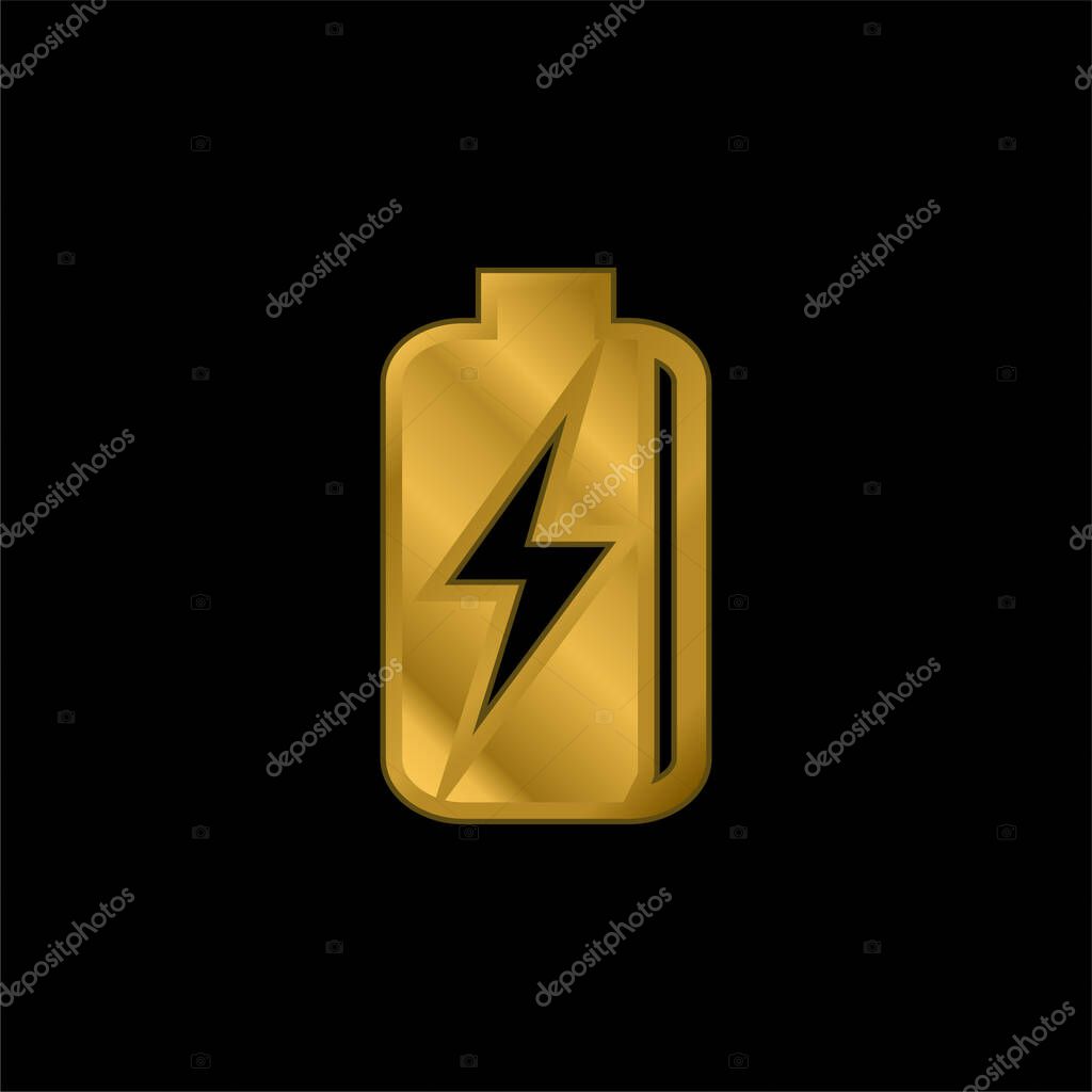 Battery With Bolt Symbol gold plated metalic icon or logo vector
