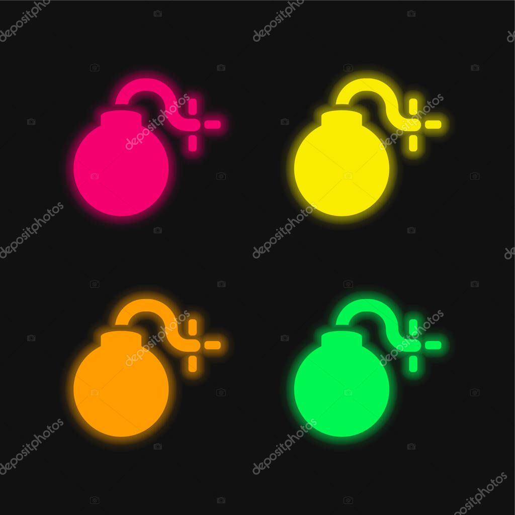 Bomb With Burning Fuse four color glowing neon vector icon