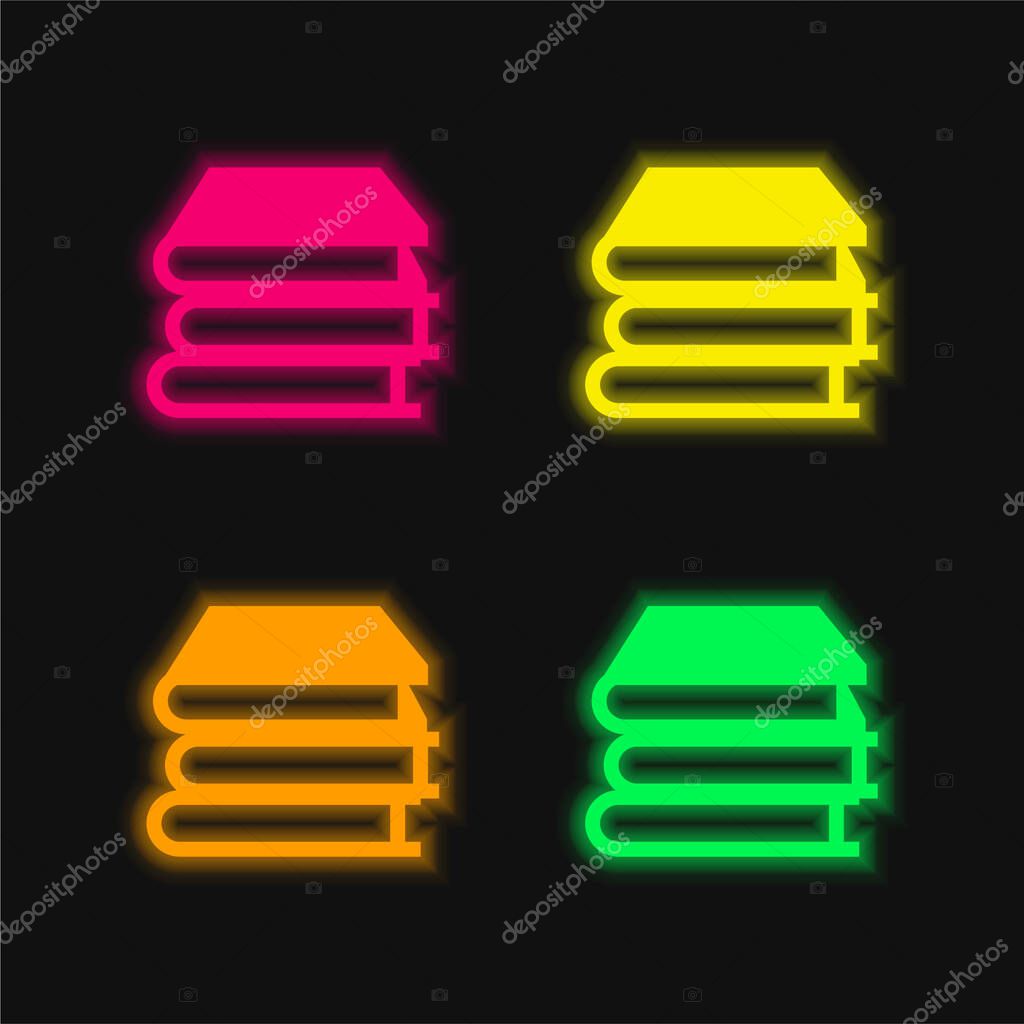 Books Stack four color glowing neon vector icon