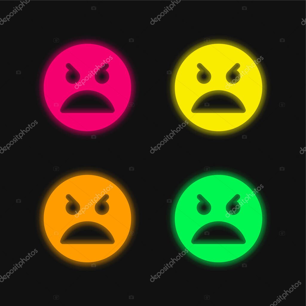 Angry Face four color glowing neon vector icon