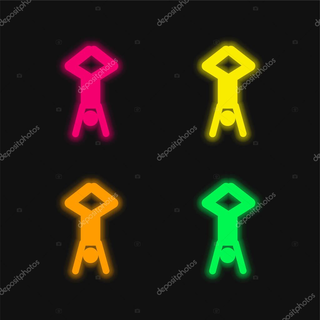 Acrobat Posture Silhouette With Head Down And Legs Up four color glowing neon vector icon