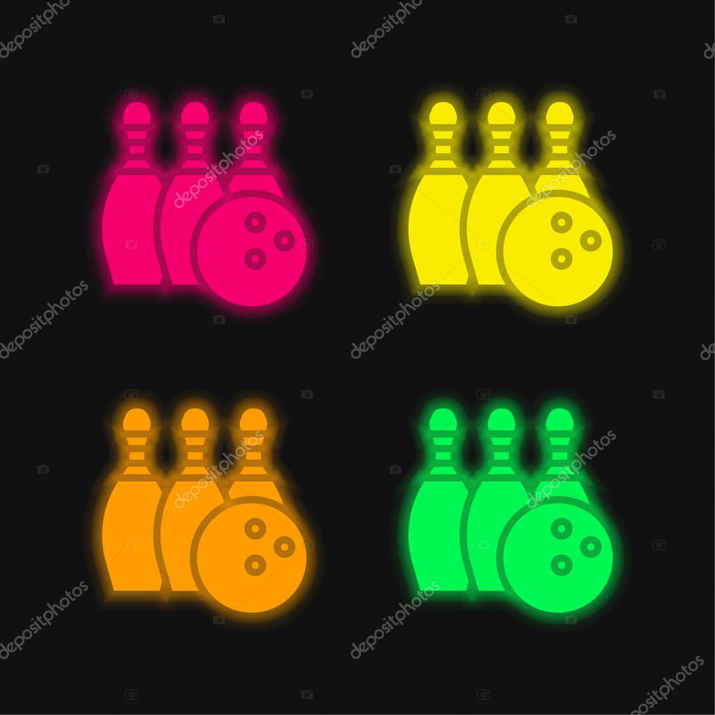 Bowling four color glowing neon vector icon