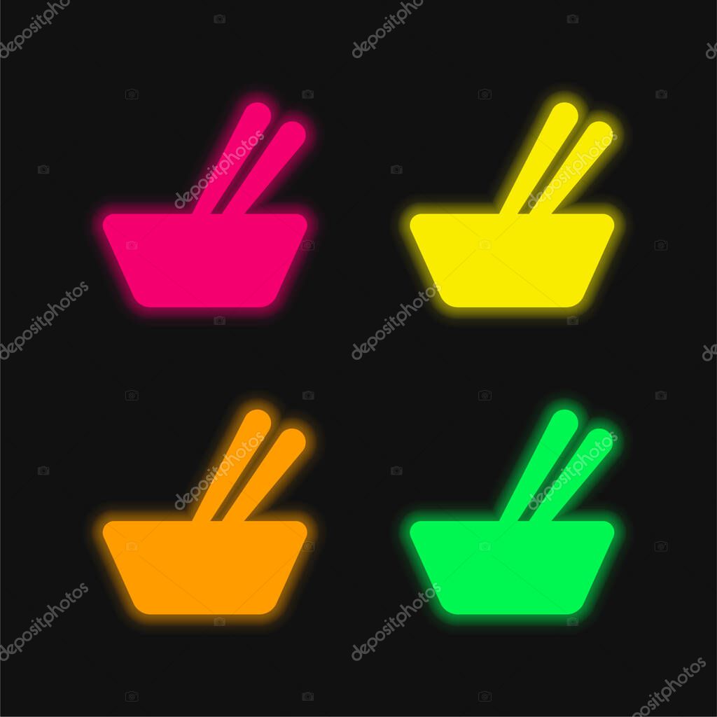 Bowl And Chopsticks four color glowing neon vector icon