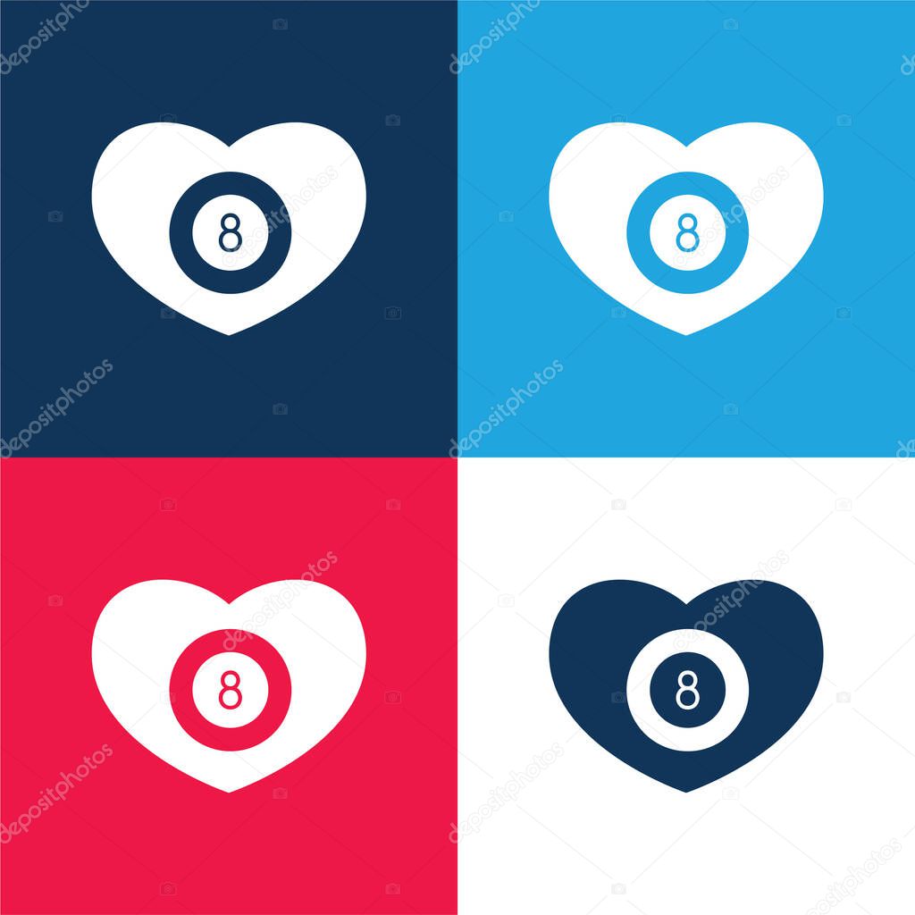 Billiards Heart With Eight Ball Inside blue and red four color minimal icon set
