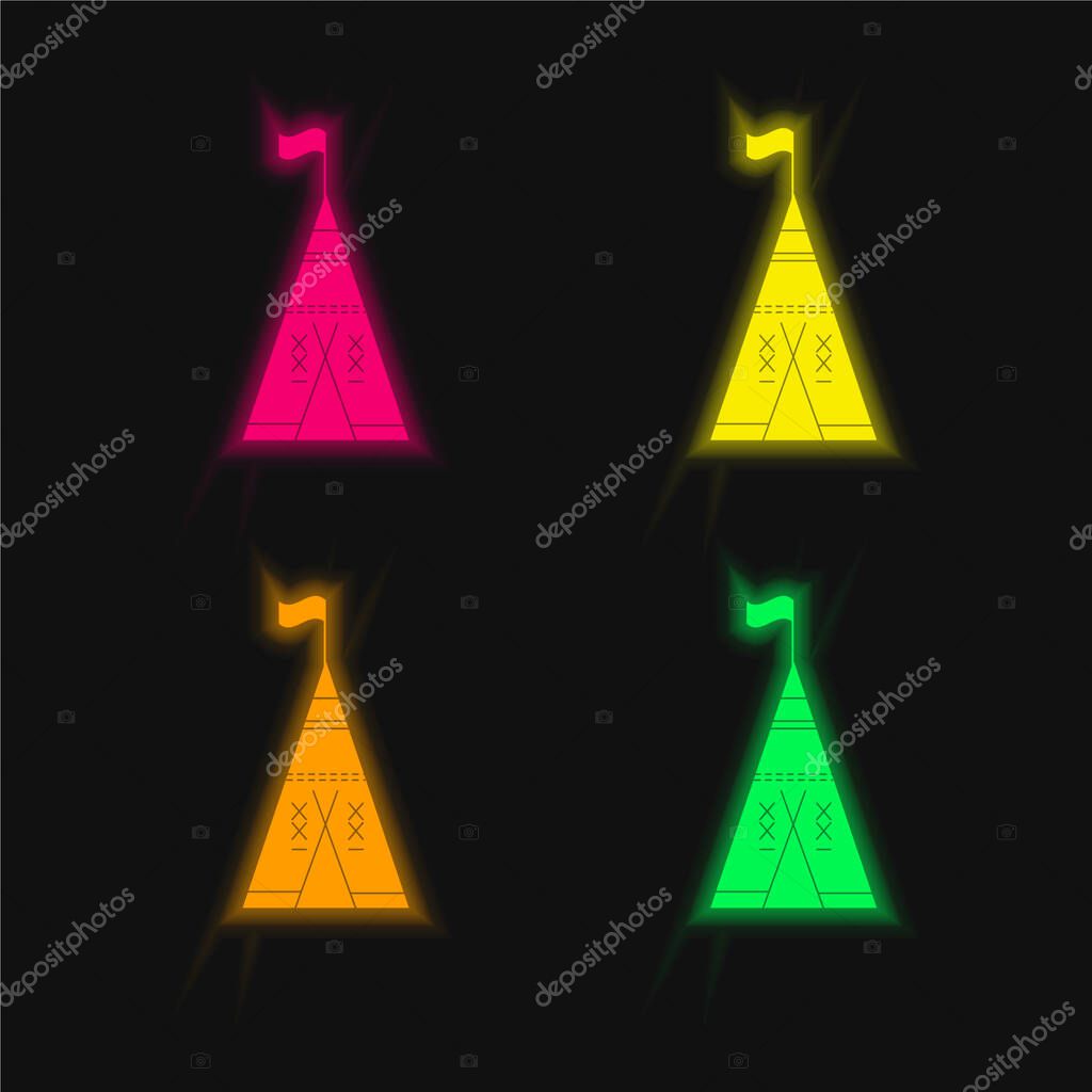 African Tribal Tent With Flag four color glowing neon vector icon
