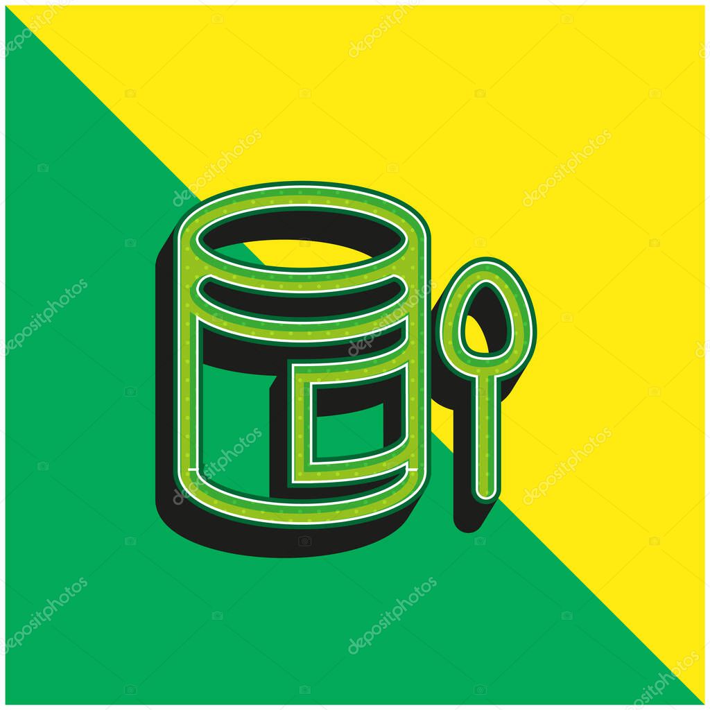 Baby Puree Pot And A Spoon Green and yellow modern 3d vector icon logo