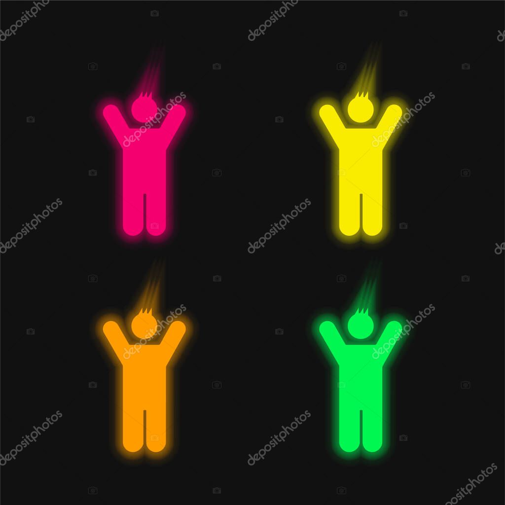 Boy With Rised Arms four color glowing neon vector icon
