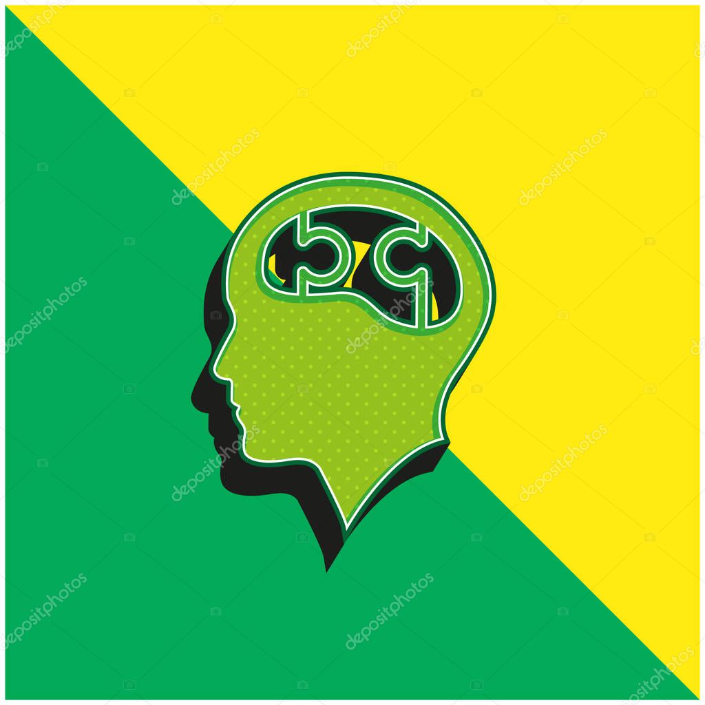Bald Head With Puzzle Brain Green and yellow modern 3d vector icon logo