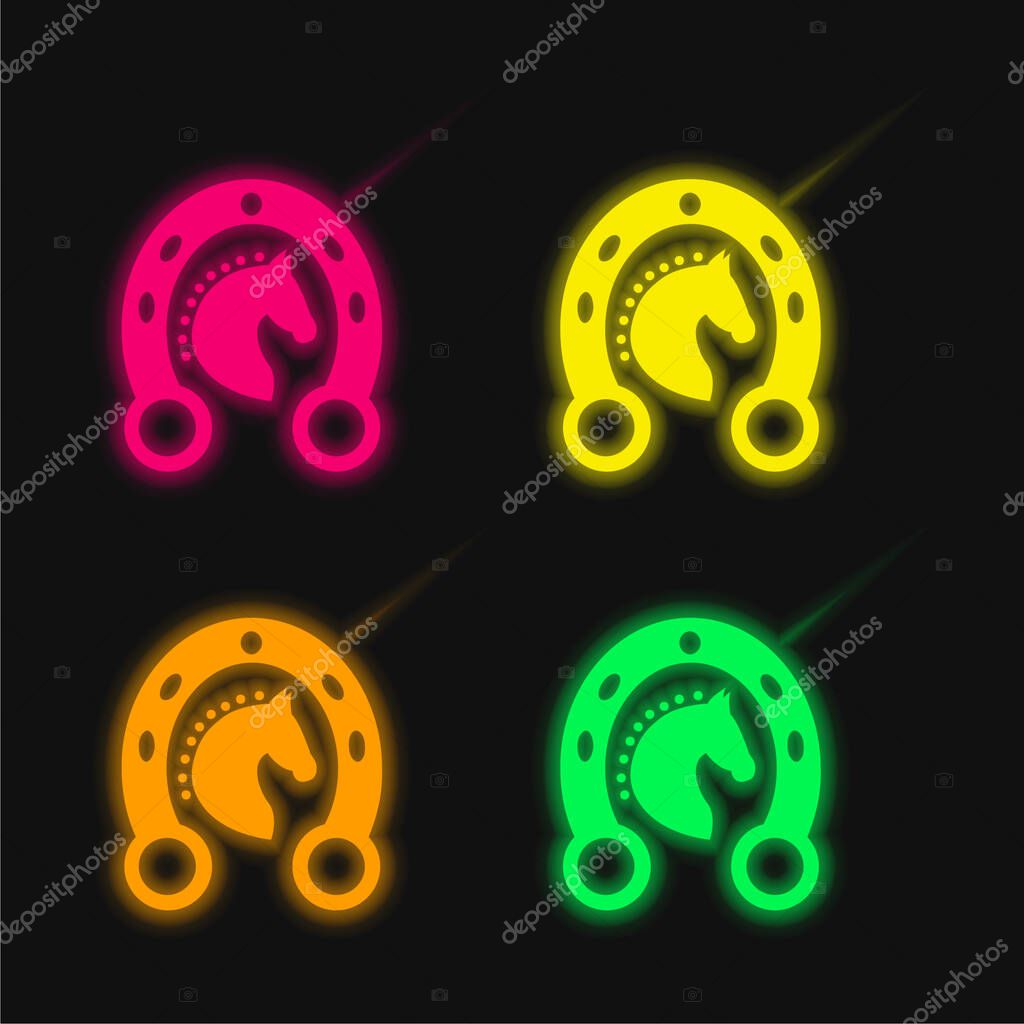 Black Head Horse In A Horseshoe four color glowing neon vector icon