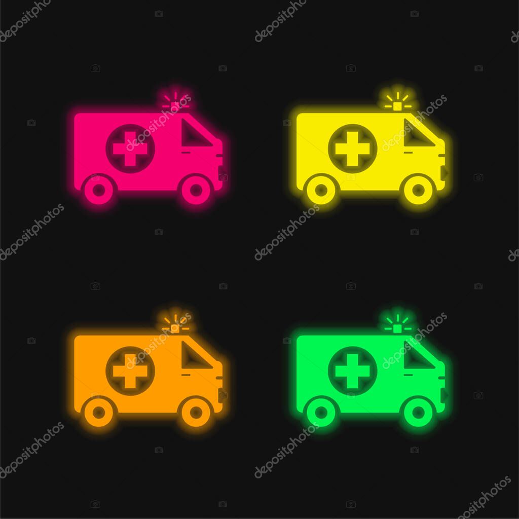 Ambulance With First Aid Sign four color glowing neon vector icon