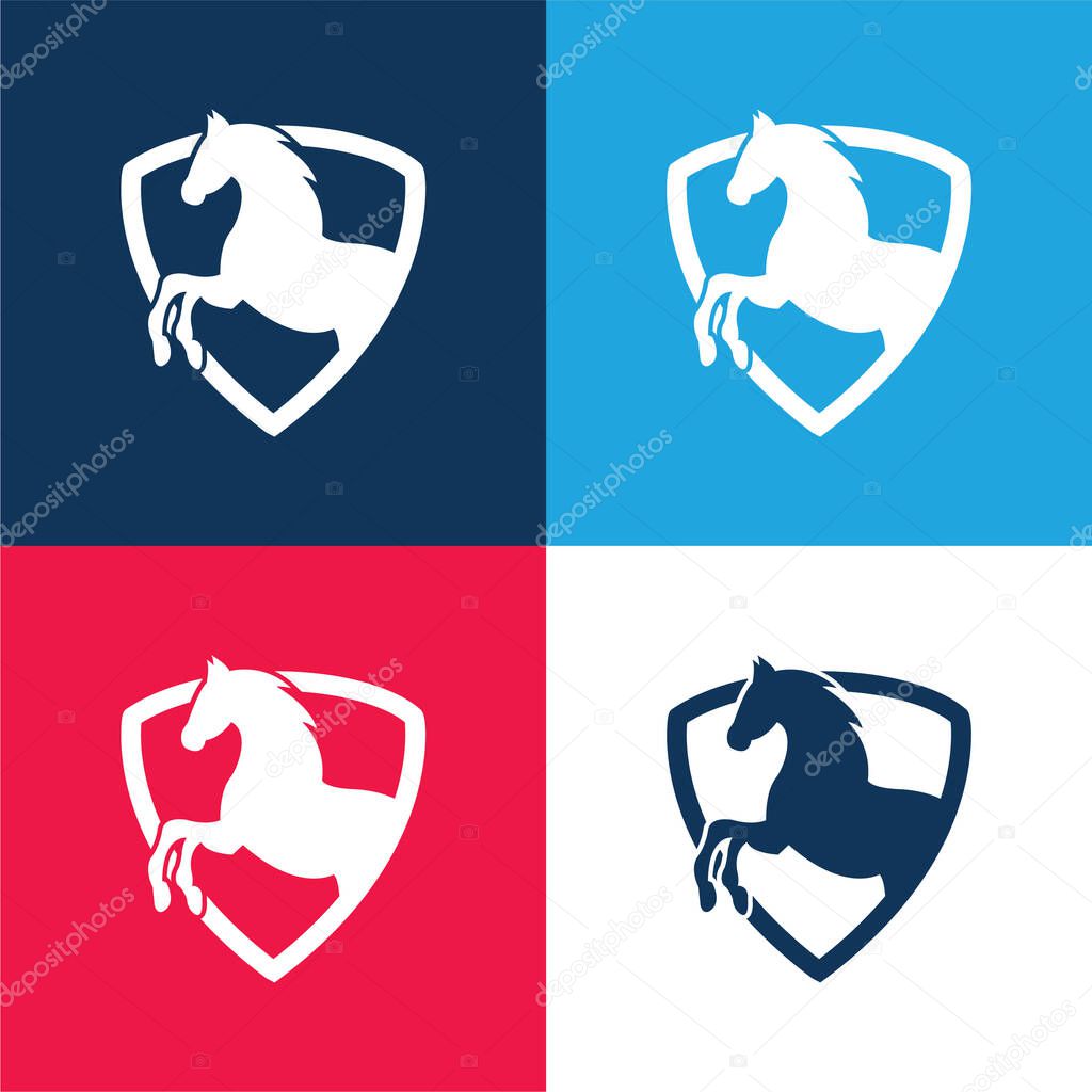 Black Horse Part In A Shield Outline blue and red four color minimal icon set