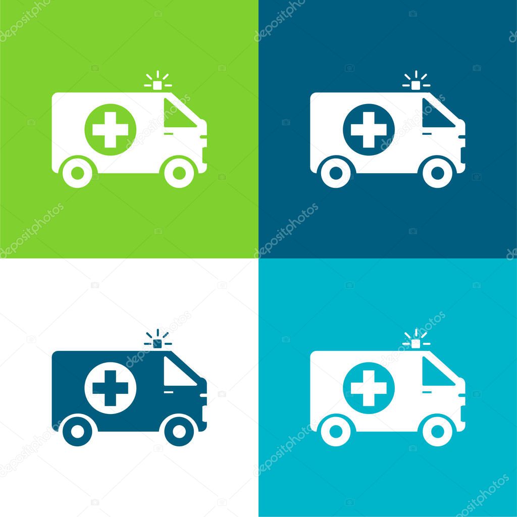 Ambulance With First Aid Sign Flat four color minimal icon set