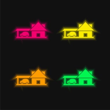 Otomobil Garajlı Büyük Ev 4 renkli neon vektör simgesi