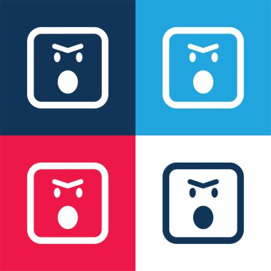 Kızgın Duygusal Yüz Açık Ağızlı Yuvarlak Meydan Dış Hattı Mavi ve Kırmızı Minimum Renk Simgesi