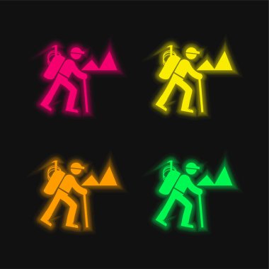 Sırt çantalı Yürüyüş dört renkli neon vektör simgesi