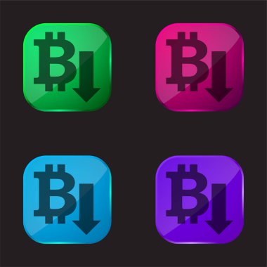 Bitcoin Down Arrow four color glass button icon clipart