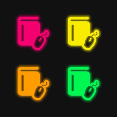 Kitap ve Bilgisayar Fare 4 renkli parlak neon vektör simgesi
