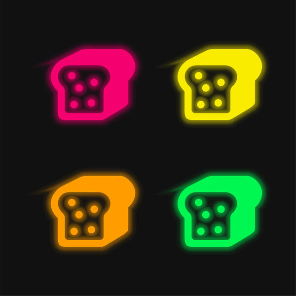 Bread Piece With Seeds four color glowing neon vector icon