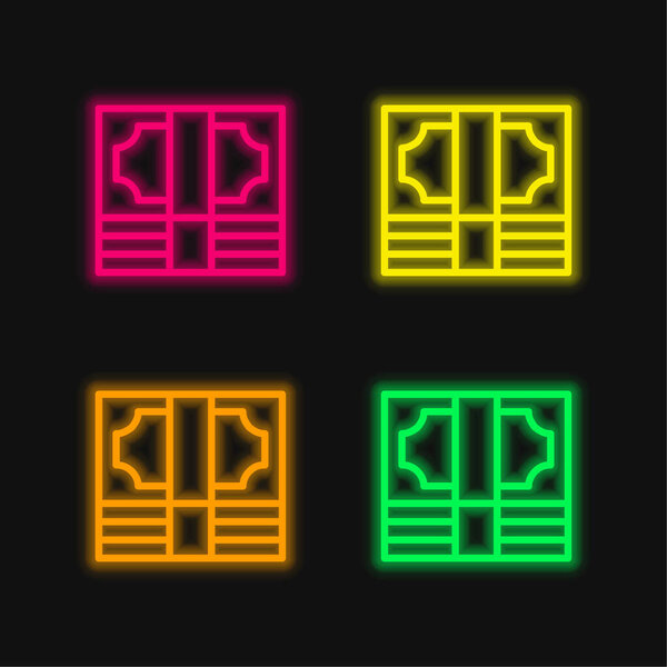 Bills Stack four color glowing neon vector icon