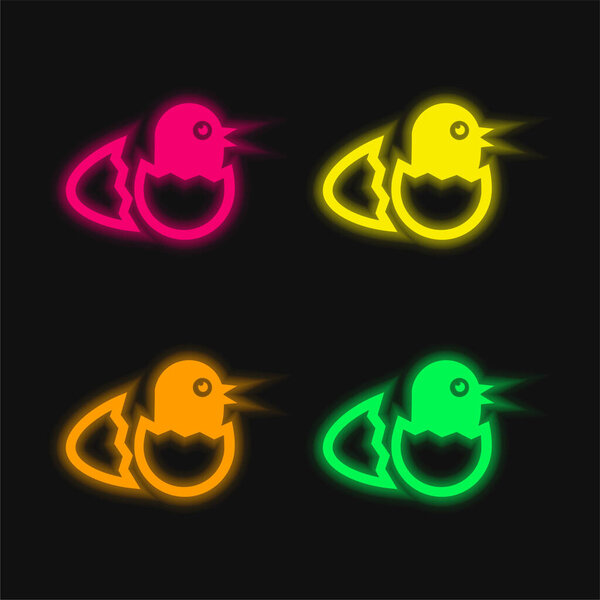 Bird In Broken Egg From Side View four color glowing neon vector icon