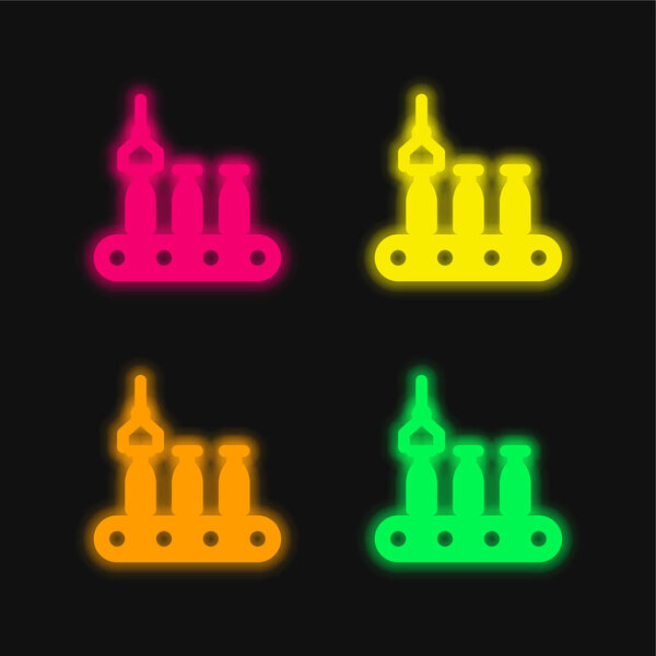 Assembly Line four color glowing neon vector icon